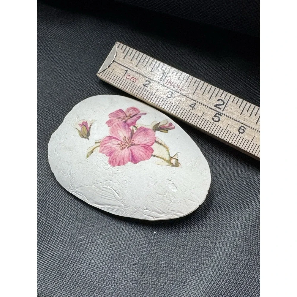 Pretty Floral Egg Shaped Chalk ware Or plaster Handmade Pin